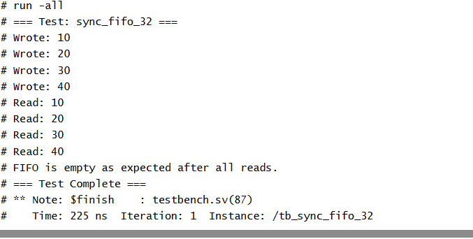 Sync FIFO 32 EO/CO Testbench Output