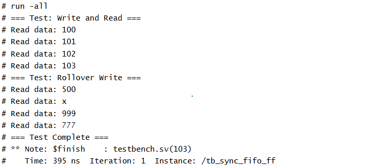 Sync FIFO FF EO/CO Testbench Output