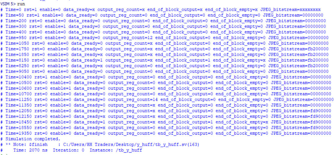 Y Huffman EO/CO Testbench Output
